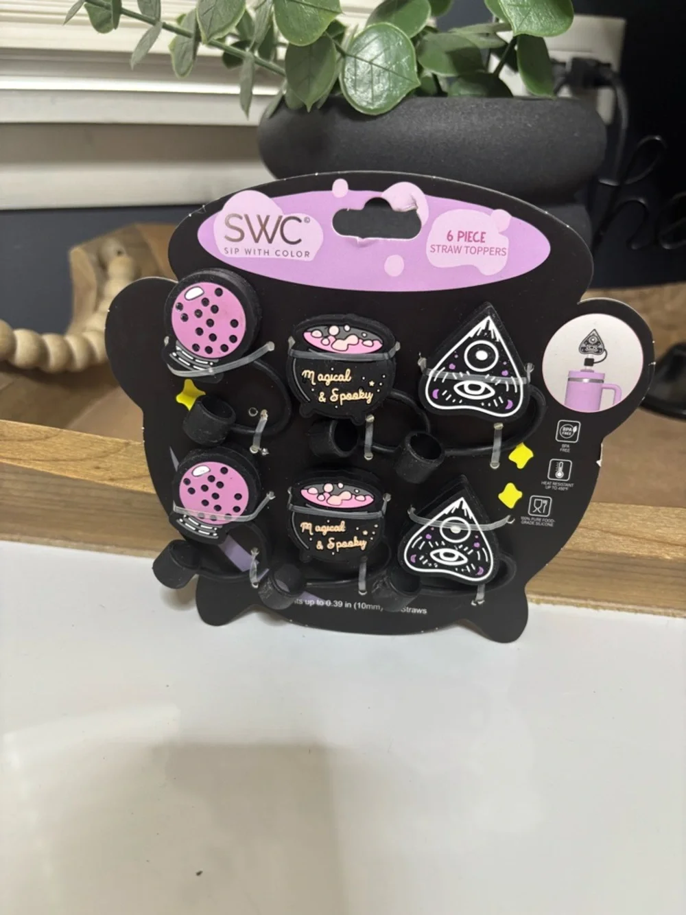 SWC Pink & Black Halloween Drink Straw Toppers - 6pc